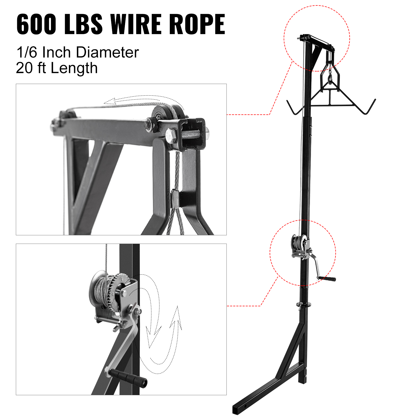 VEVOR Hitch Mounted Deer Hoist, 500lbs Capacity Hitch Game Hoist, 2'' Truck Hitch Deer Hoist with Winch Lift and Gambrel Set, Adjustable Height, Heavy Duty Steel Mounted Hanger for Hunting, Loading