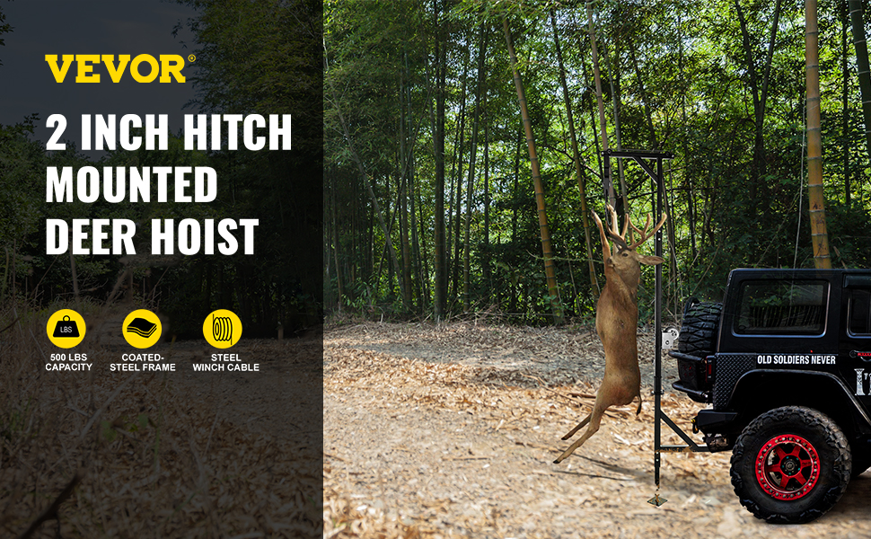 VEVOR Hitch Mounted Deer Hoist, 500lbs Capacity Hitch Game Hoist, 2'' Truck Hitch Deer Hoist with Winch Lift Gambrel Set, Foot Base, Adjustable Height and 360 Degrees Swivel for Hunting, Hanging