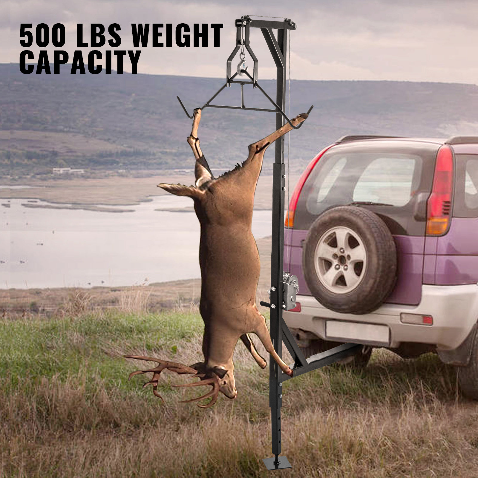 VEVOR Hitch Mounted Deer Hoist, 500lbs Capacity Hitch Game Hoist, 2'' Truck Hitch Deer Hoist with Winch Lift Gambrel Set, Foot Base, Adjustable Height and 360 Degrees Swivel for Hunting, Hanging