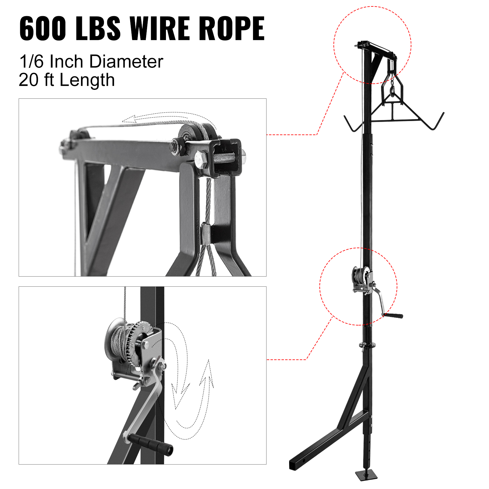 VEVOR Hitch Mounted Deer Hoist, 500lbs Capacity Hitch Game Hoist, 2'' Truck Hitch Deer Hoist with Winch Lift Gambrel Set, Foot Base, Adjustable Height and 360 Degrees Swivel for Hunting, Hanging