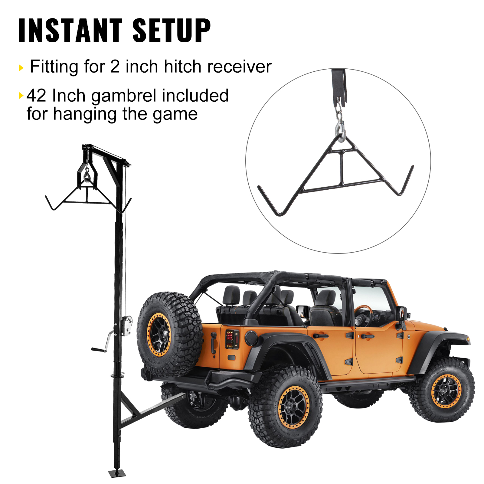 VEVOR Hitch Mounted Deer Hoist, 500lbs Capacity Hitch Game Hoist, 2'' Truck Hitch Deer Hoist with Winch Lift Gambrel Set, Foot Base, Adjustable Height and 360 Degrees Swivel for Hunting, Hanging