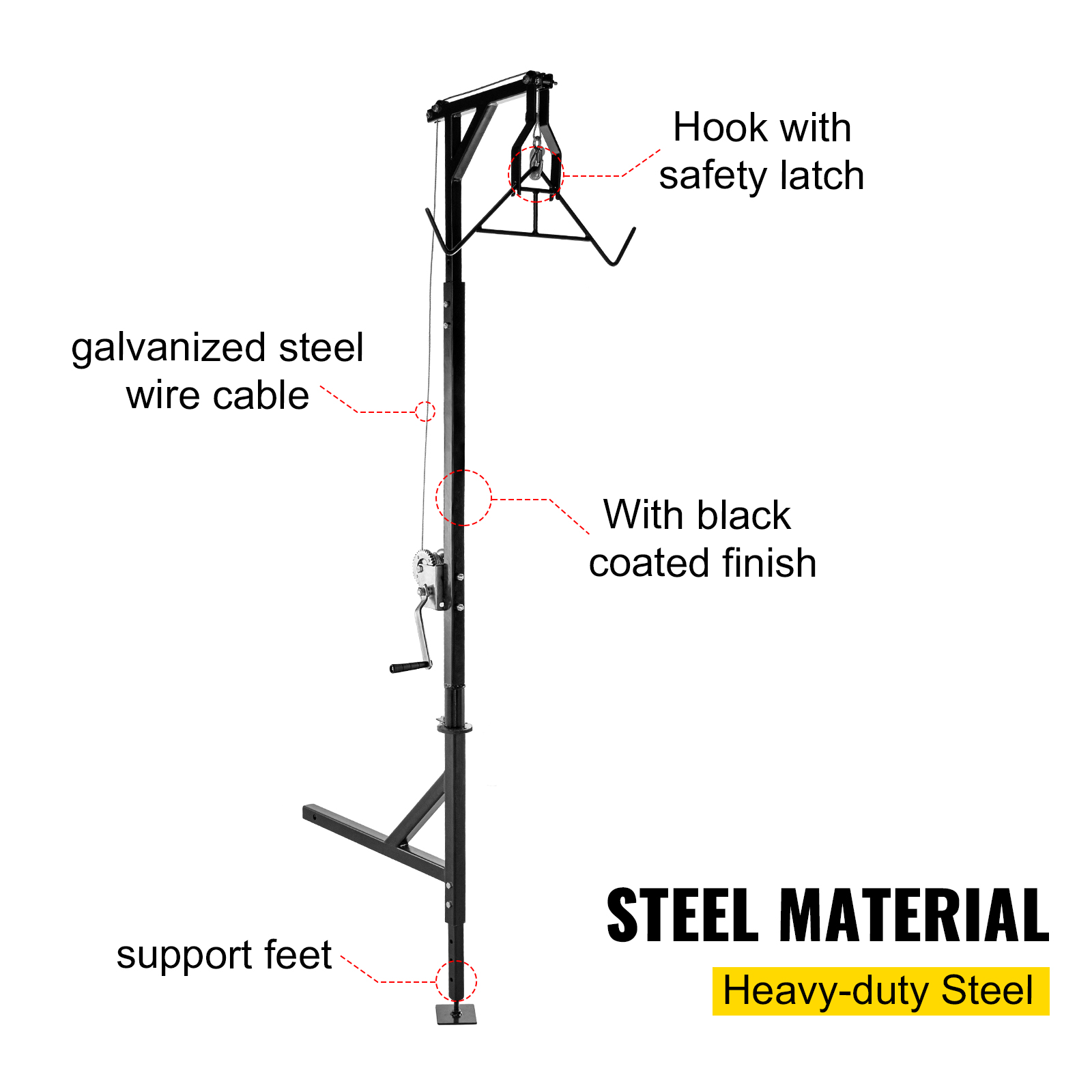 VEVOR Hitch Mounted Deer Hoist, 500lbs Capacity Hitch Game Hoist, 2'' Truck Hitch Deer Hoist with Winch Lift Gambrel Set, Foot Base, Adjustable Height and 360 Degrees Swivel for Hunting, Hanging