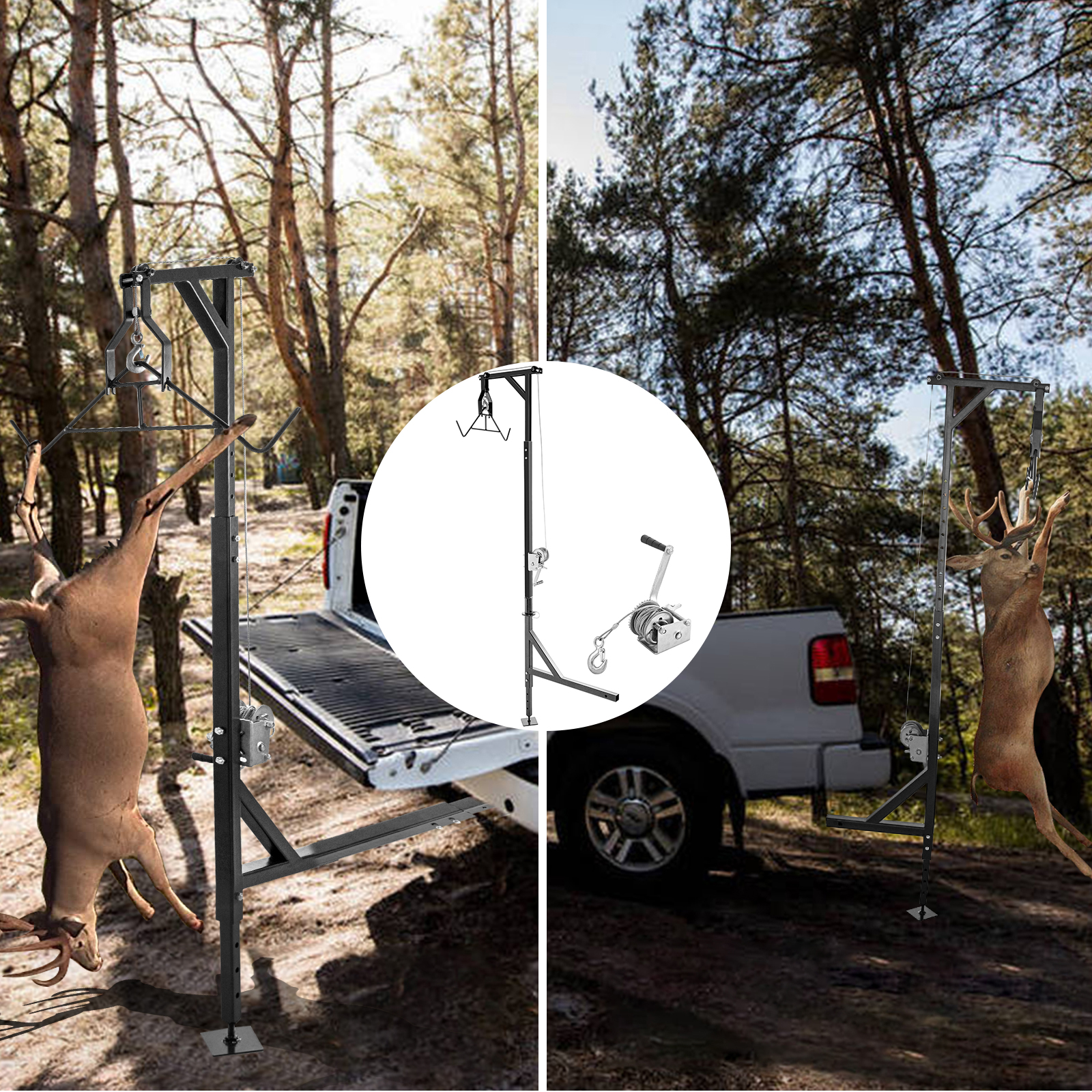 VEVOR Hitch Mounted Deer Hoist, 500lbs Capacity Hitch Game Hoist, 2'' Truck Hitch Deer Hoist with Winch Lift Gambrel Set, Foot Base, Adjustable Height and 360 Degrees Swivel for Hunting, Hanging