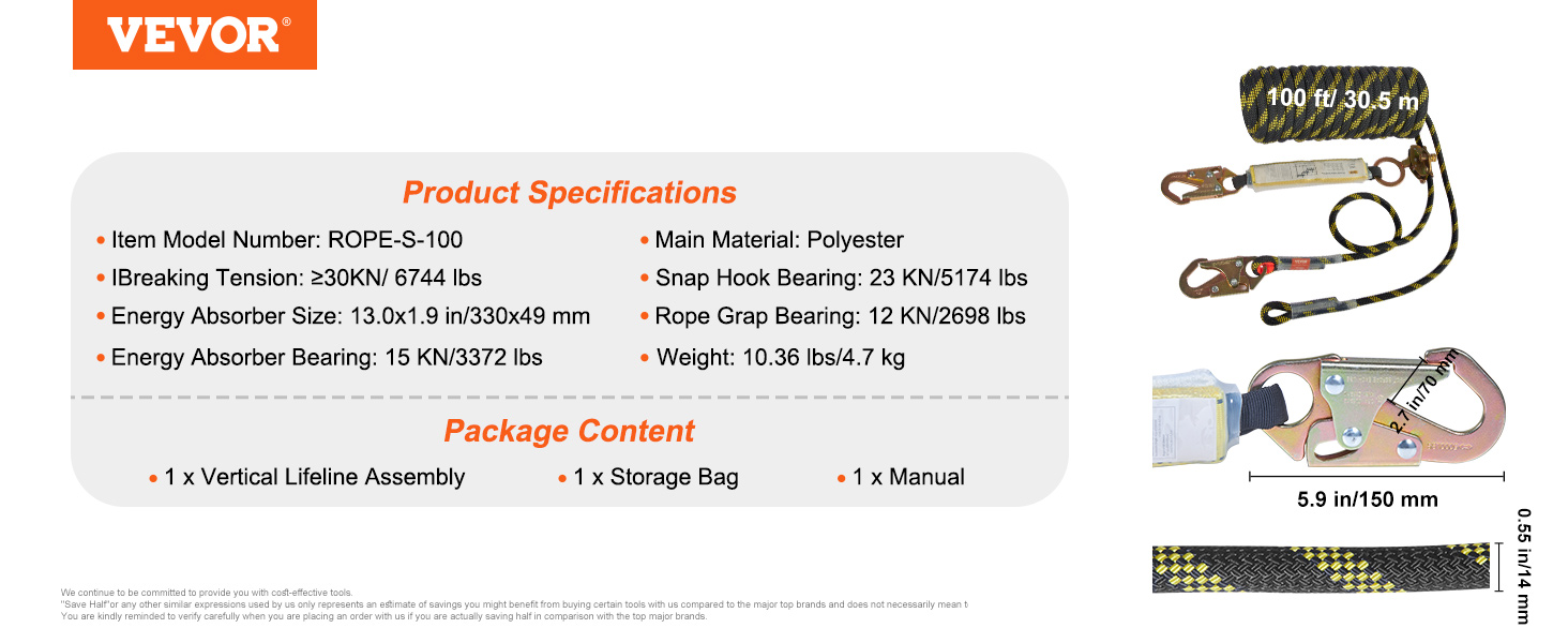 VEVOR Vertical Lifeline Assembly, 0.55'' x 100' Fall Protection Rope with 30 KN Breaking Tension, Polyester Roofing Rope with Steel Snap Hooks, Rope Grab, and Shock Absorber, ANSI Compliant