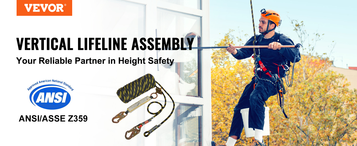 VEVOR Vertical Lifeline Assembly, 0.55'' x 100' Fall Protection Rope with 30 KN Breaking Tension, Polyester Roofing Rope with Steel Snap Hooks, Rope Grab, and Shock Absorber, ANSI Compliant