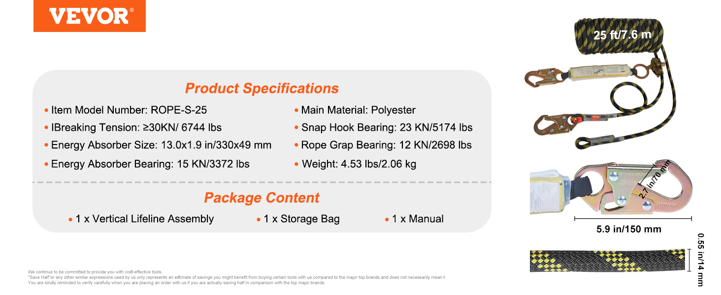 VEVOR Vertical Lifeline Assembly, 0.55'' x 25' Fall Protection Rope with 30 KN Breaking Tension, Polyester Roofing Rope with Steel Snap Hooks, Rope Grab, and Shock Absorber, ANSI Compliant