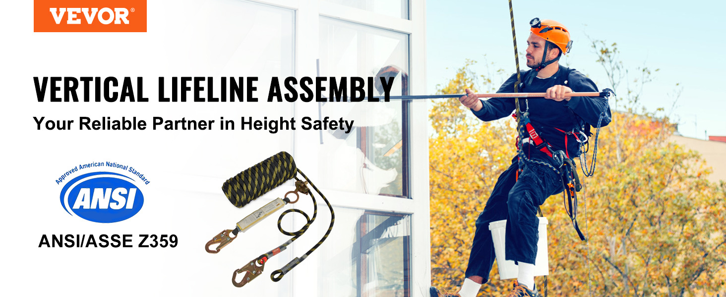 VEVOR Vertical Lifeline Assembly, 0.55'' x 25' Fall Protection Rope with 30 KN Breaking Tension, Polyester Roofing Rope with Steel Snap Hooks, Rope Grab, and Shock Absorber, ANSI Compliant