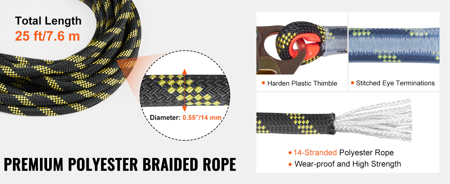 VEVOR Vertical Lifeline Assembly, 0.55'' x 25' Fall Protection Rope with 30 KN Breaking Tension, Polyester Roofing Rope with Steel Snap Hooks, Rope Grab, and Shock Absorber, ANSI Compliant