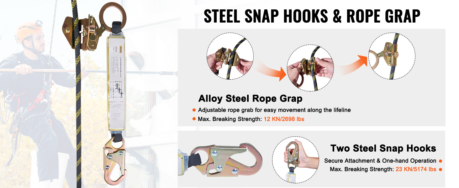 VEVOR Vertical Lifeline Assembly, 0.55'' x 25' Fall Protection Rope with 30 KN Breaking Tension, Polyester Roofing Rope with Steel Snap Hooks, Rope Grab, and Shock Absorber, ANSI Compliant