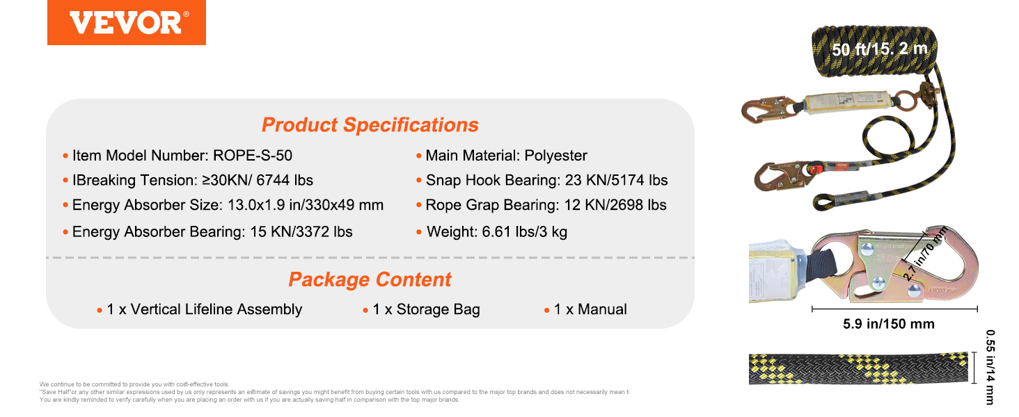 Vevor Vertical Lifeline Assembly 055 X 50 Fall Protection Rope With 30 Kn Breaking Tension 0916