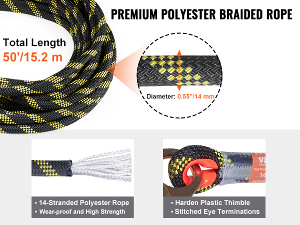 Vertical Lifeline Assembly, 150 ft Fall Protection Rope, Polyester