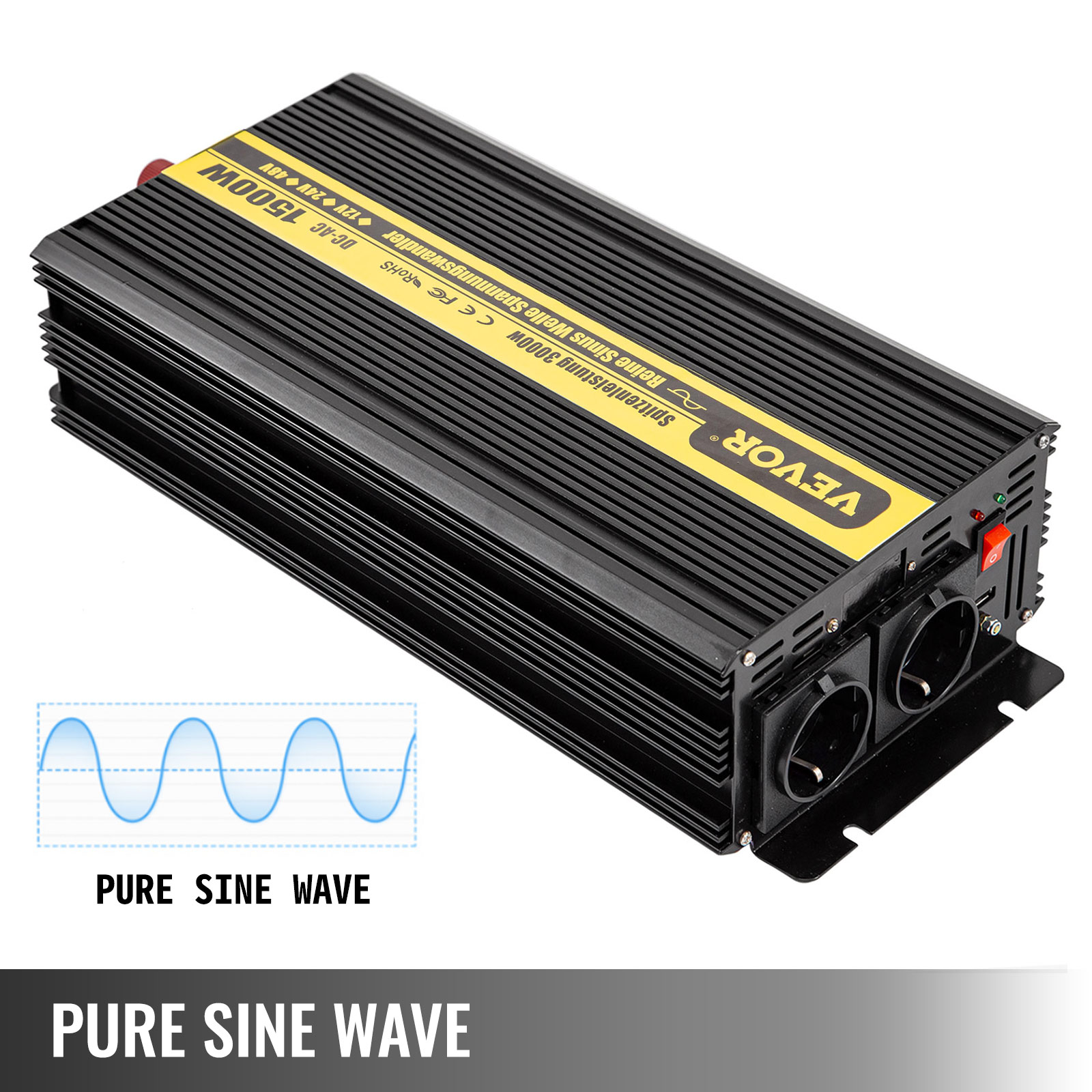 VEVOR Pure Sine Wave Inverter, Power Inverter, 1500 Watt, Dc 12v