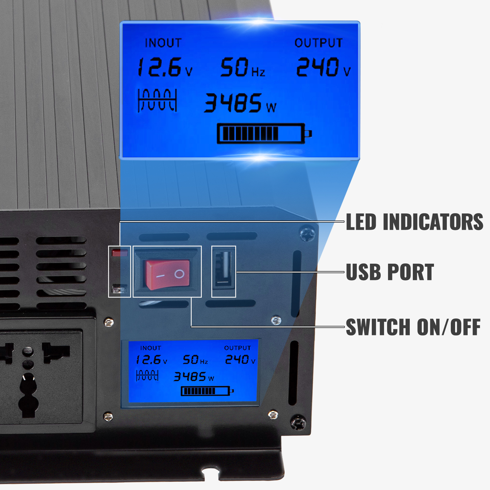 VEVOR VEVOR Invertitore di Alimentazione 3000VA Invertitore di  Alimentazione 24V Dc a 230V Invertitore a Onda Pura Smart Inverter  Invertitore Smart per Auto Invertitore di Solare per Auto