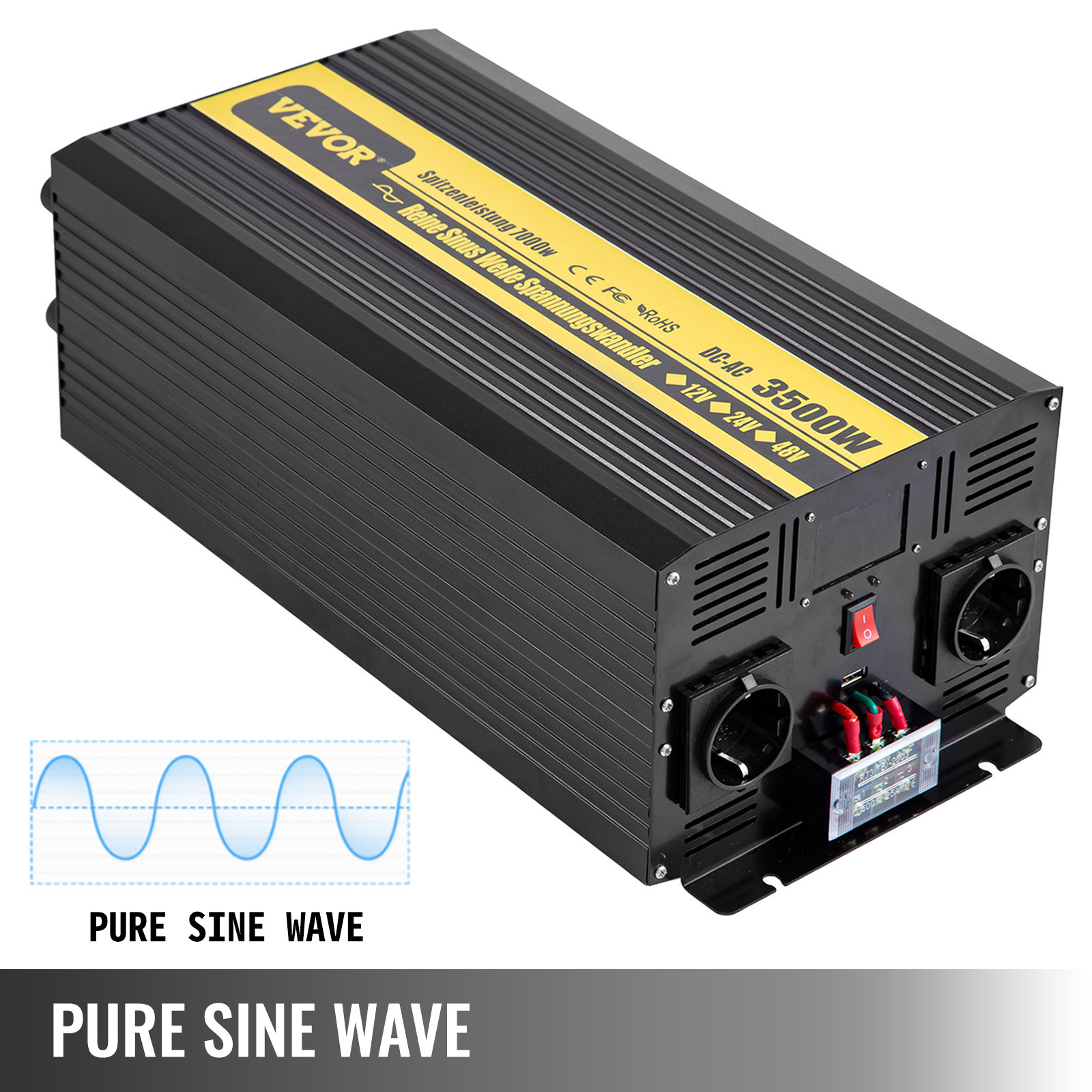 VEVOR Pure Sine Wave Inverter, Power Inverter, 3500 Watt, Dc 12v Ac 230v,  Car Inverter