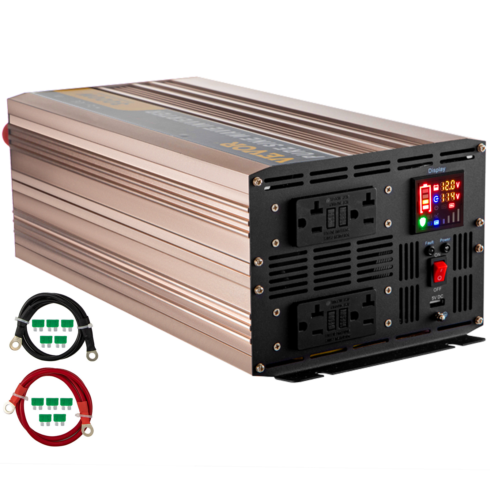 VEVOR Pure Sine Wave Inverter, 3000 Watt Power Inverter, DC 12V to AC 110V  Car Inverter, with LCD Display, 5V USB Port, AC Outlets (GFCI) Power