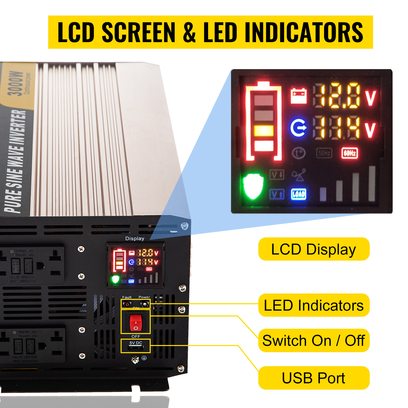 VEVOR Pure Sine Wave Inverter, 3000 Watt Power Inverter, DC 12V to AC 110V  Car Inverter