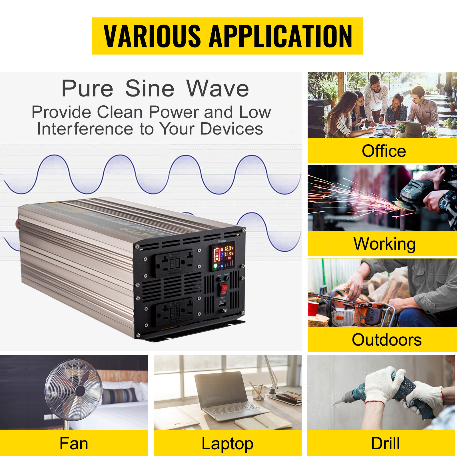 Inversor de onda sinusoidal pura de 1500 W, 12 V a 110 V, 3000 W,  convertidor de potencia máxima de CC a CA con pantalla LCD, salidas de CA  dobles