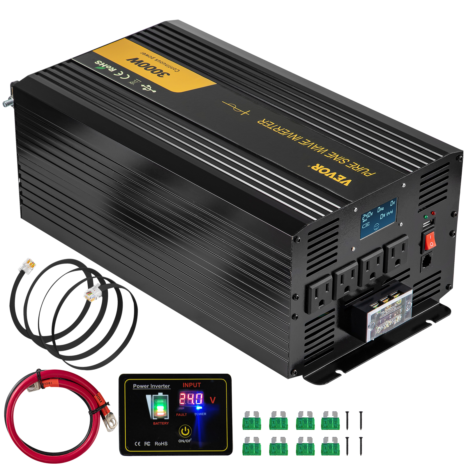 1500W Pure Sine Wave Power Inverter 12V DC to 110V AC Converter with 2 AC  Outlets, USB Port and Bluetooth, 1500 watt Car Inverter for Camping, Truck