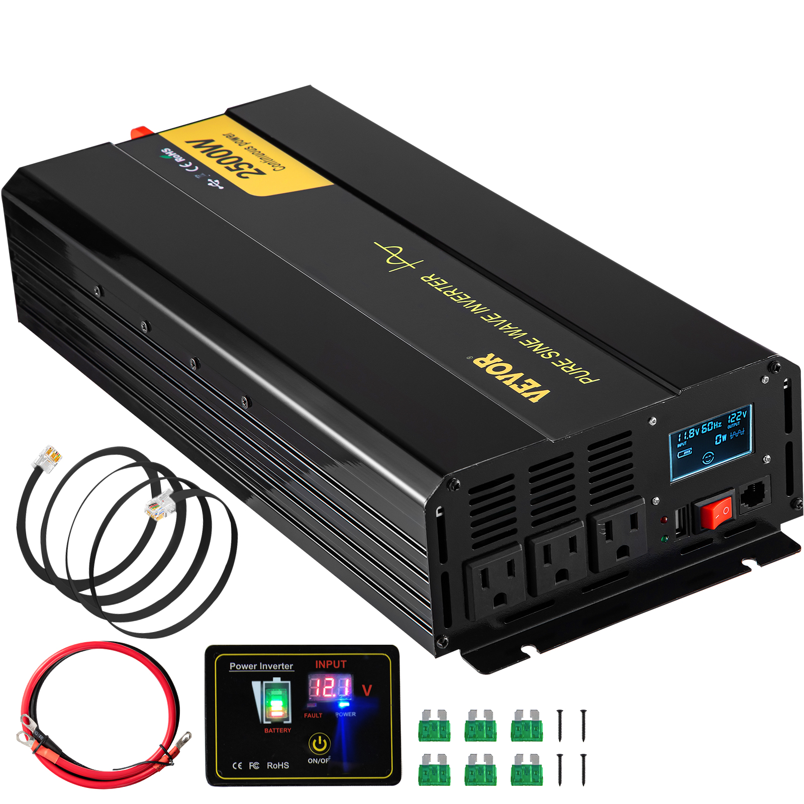 2500W Pure Sine Wave Inverter 12V 120V DC to AC Power Car Solar Remote Control 