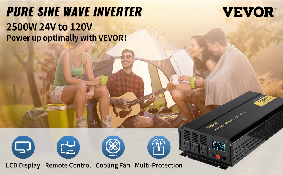Pure Sine Wave Power Inverter 3000-Watt Car Inverter DC 24-Volt to AC  120-Volt with USB Port LCD Display Remote Control