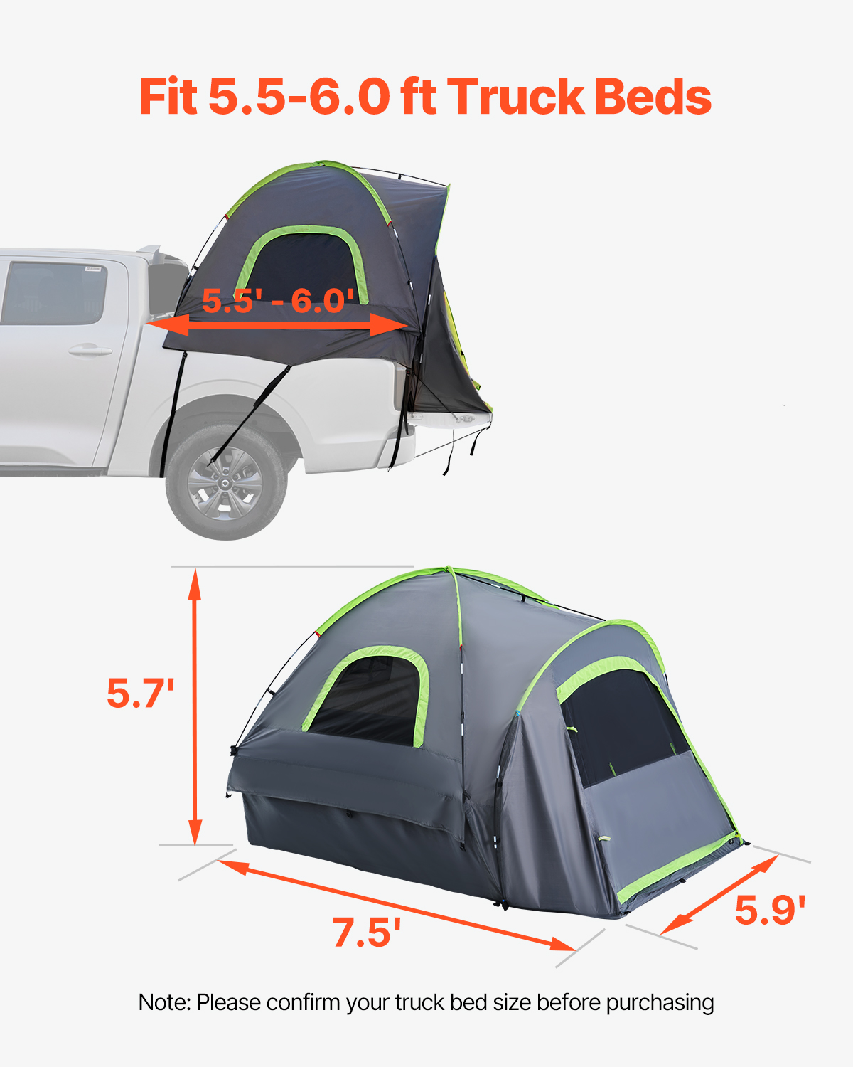 Outdoor Pickup Truck Bed Camping Tent 5.0-5.2/5.5-6.0/6.4-6.7 ft for 2-3 Person - Picture 27 of 48