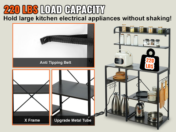 Estante para panaderos, estante de almacenamiento de cocina de 4 niveles,  carrito de microondas, soporte para barra de café con 4 ganchos, estantes