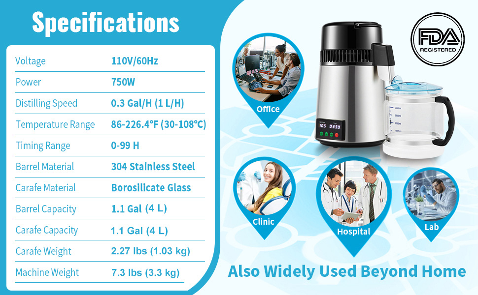 Water Distiller,1.1 Gal Volume,0.3 Gal/H,Timing,Temp Display.Silver