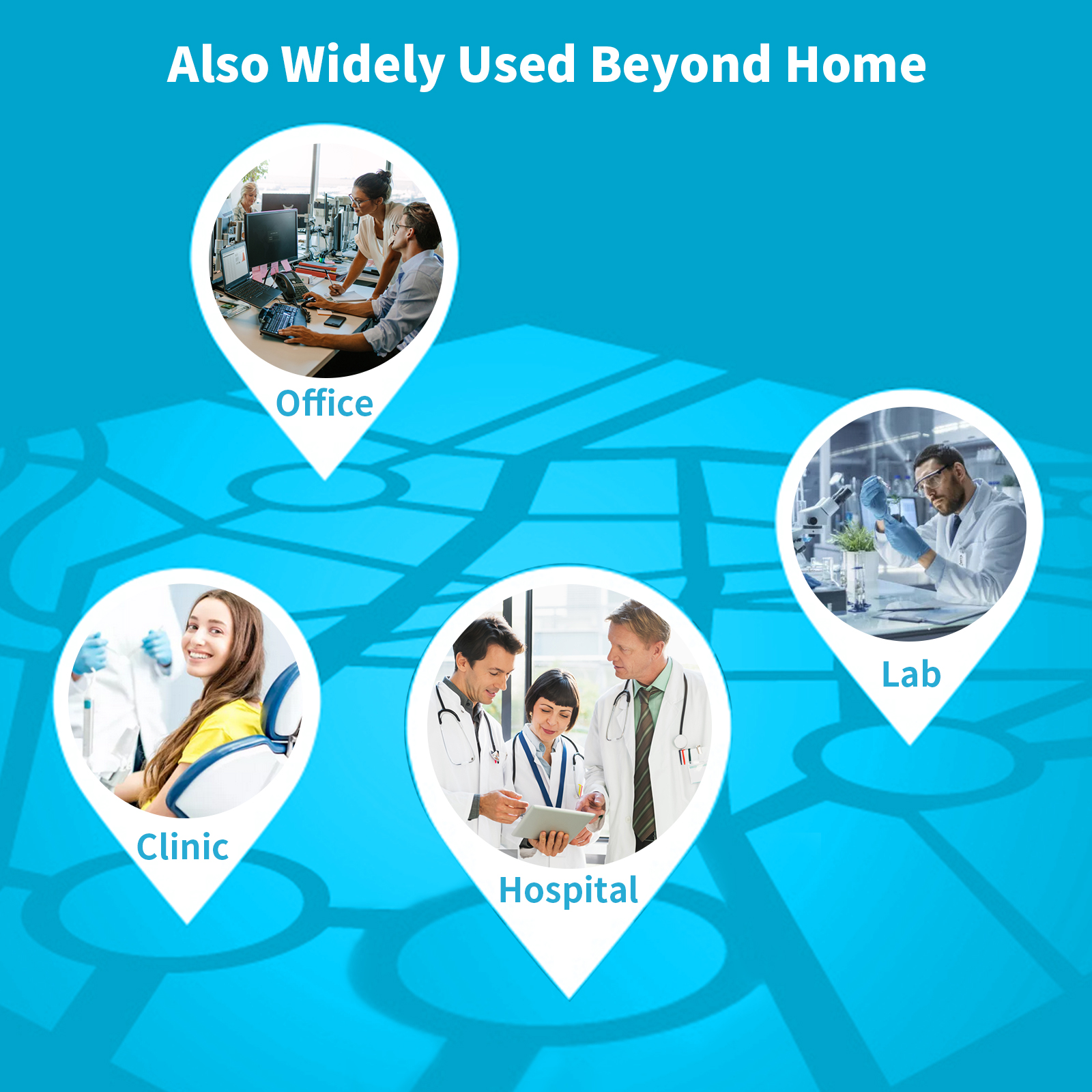 VEVOR water distiller used in office, hospital, clinic, and lab, highlighting its versatile applications.