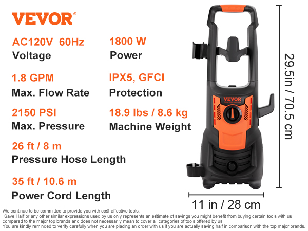 VEVOR Electric Pressure Washer, 2150-PSI 1.85-GPM, Foam Cannon  High-Pressure with 5 Different Nozzle, 20ft Hose/35ft Cord Lightweight Washer,  Portable Cleans Cars/Fences/Patios/Furniture/Floor/Window