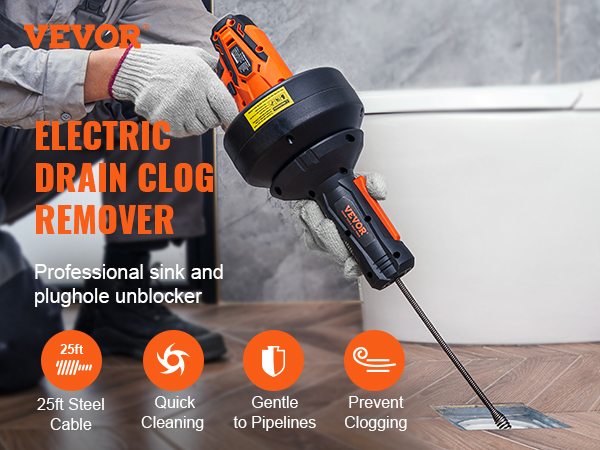 VEVOR 12V Electric Drain Auger 25ft Cordless Plumbing Snake Auto Feed Pipeline Snake Drain Clog Remover with Power Drill for 3/4-2 Pipes 2.0Ah