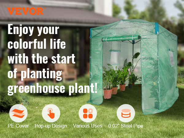  VEVOR Pop Up Greenhouse, 8 x 6 x 7.5 ft Pop-up Green House,  Set Up in Minutes, High Strength PE Cover with Doors & Windows and  Powder-Coated Steel Frame, Suitable