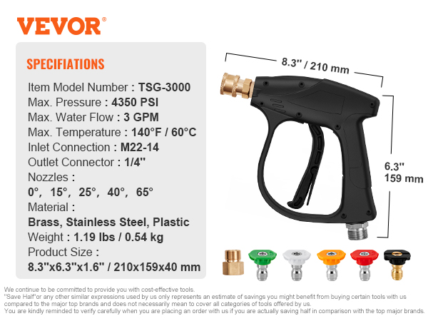 VEVOR Short Pressure Washer Gun, 4350 PSI High Power Washer Spay Gun, M22-14  Inlet 