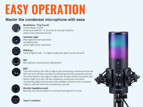 Microphone USB Professionnel VEVOR – 192 KHz/24 Bits, Bras De Perche, éclairage RGB, Pour Streaming