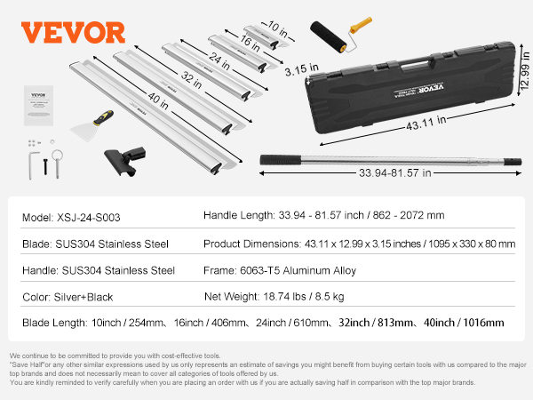 VEVOR Drywall Skimming Blade Set, 10/16/24/32/40 in Skimming Blades ...