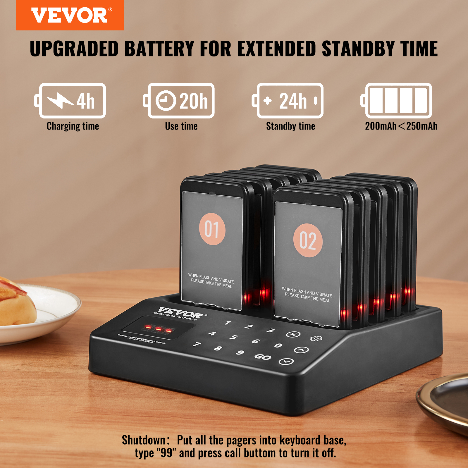 VEVOR Kabelloses Pager-System 10/20/16/24 Gäste-Warteschlangenrufe - Afbeelding 4 van 74