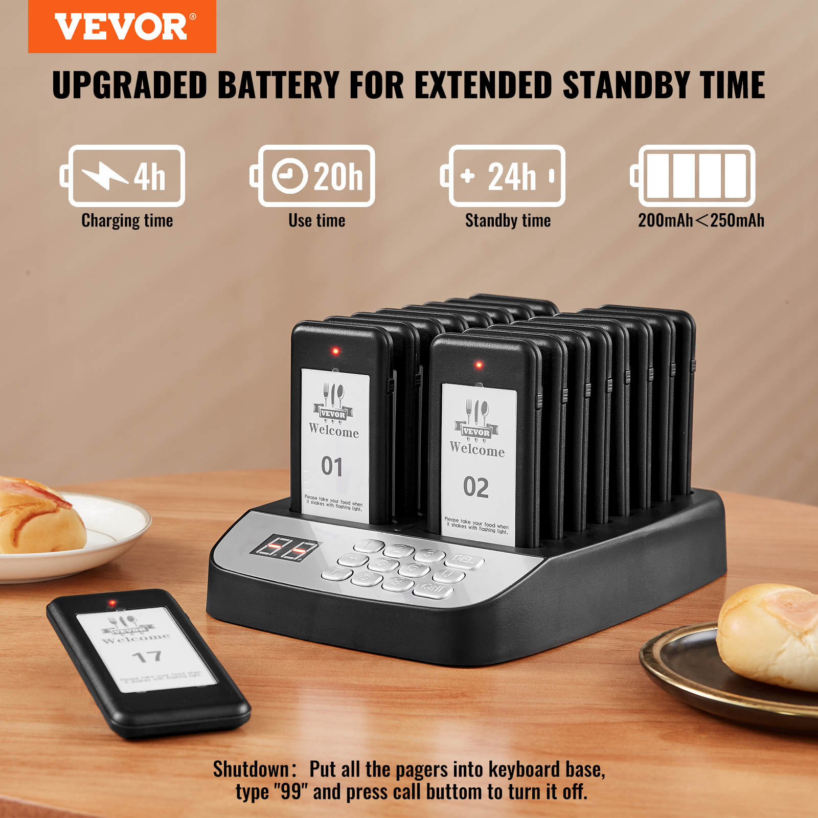 VEVOR Kabelloses Pager-System 10/20/16/24 Gäste-Warteschlangenrufe - Afbeelding 40 van 74