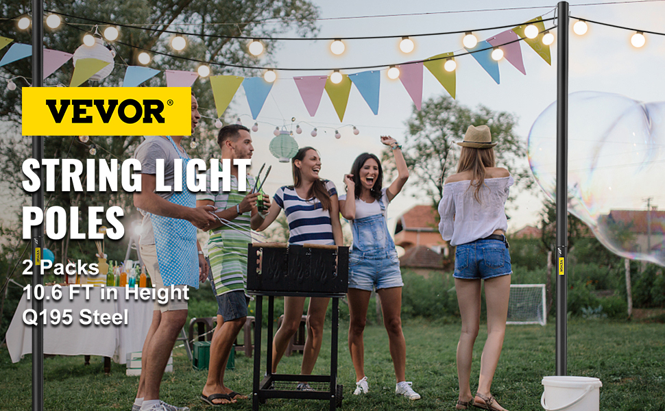 VEVOR String Light Poles, 2 Pack 10.6 FT, Outdoor Powder Coated Steel Lamp Post with Hooks to Hang Lantern and Flags, Universal Mounting Options to Decorate Garden, Patio, and Deck for Party, Black