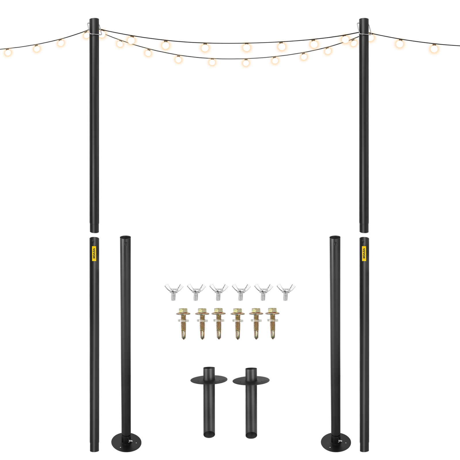 VEVOR String Light Poles, Pack 10.6 FT, Outdoor Powder Coated Steel Lamp  Post with Hooks