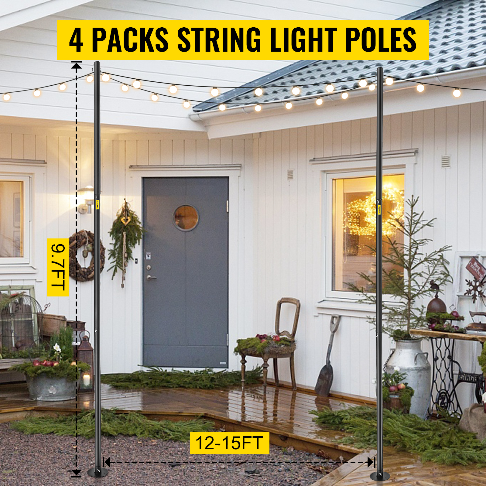 VEVOR String Light Poles, 4 Pack 10.6 FT, Outdoor Powder Coated