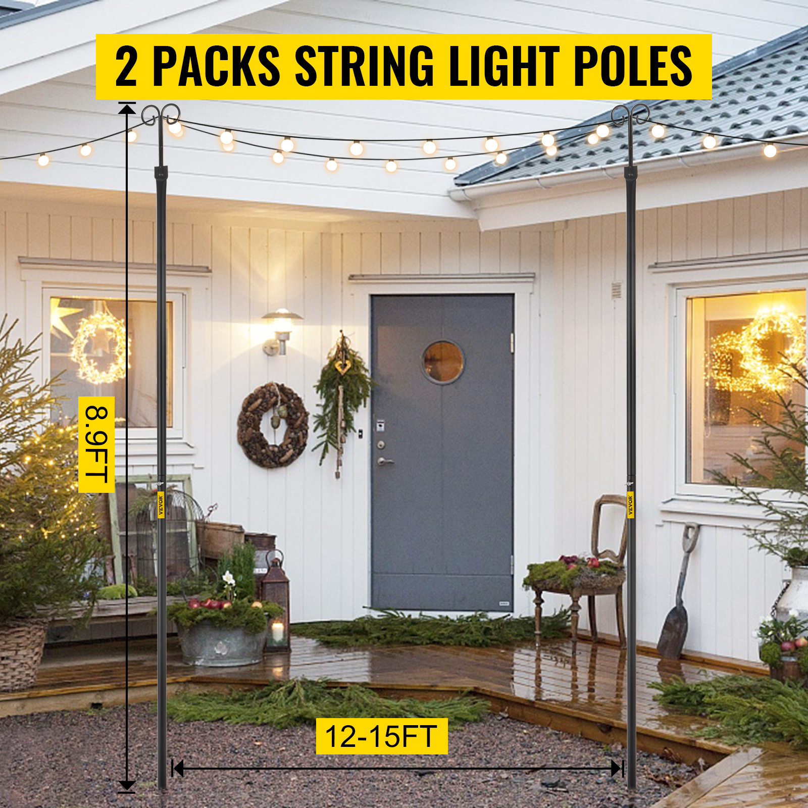 VEVOR String Light Poles, 2 Pack 9.7 FT, Outdoor Powder Coated Steel Lamp  Post with Hooks to Hang Lantern and Flags, Decorate Garden, Backyard,  Patio
