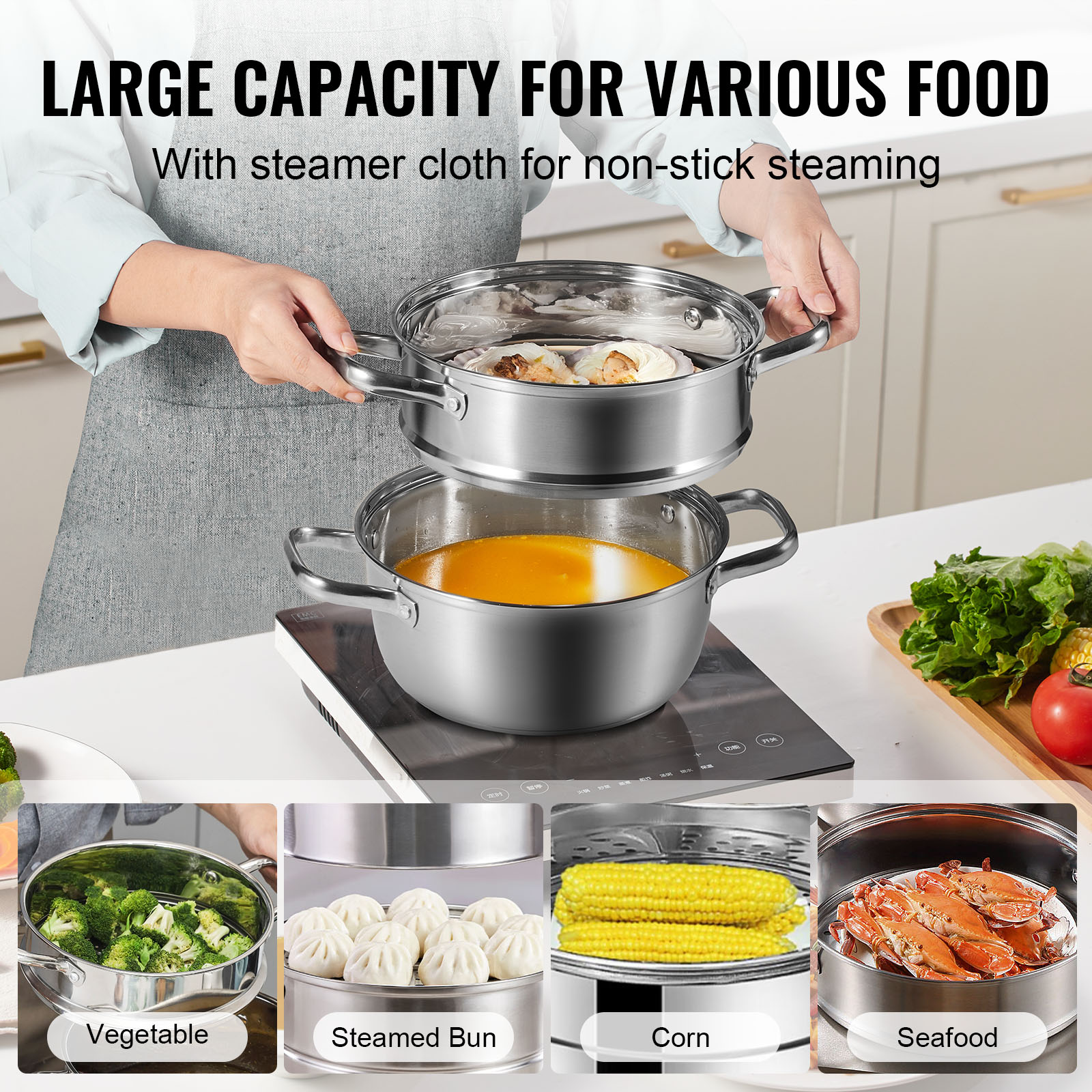 VEVOR Steamer Pot Cooking Pot with 3QT Stock Pot & Vegetable Steamer - Imagen 5 de 46