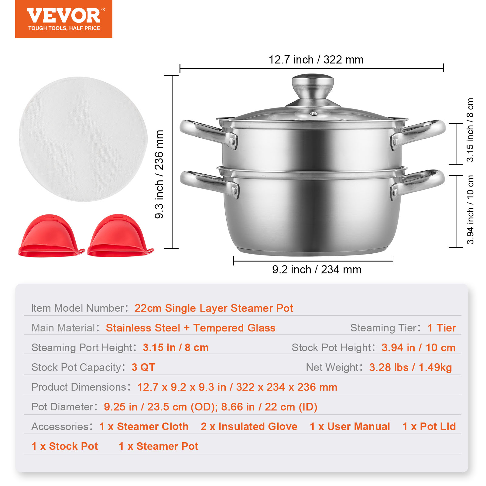 VEVOR Steamer Pot Cooking Pot with 3QT Stock Pot & Vegetable Steamer - Imagen 9 de 46