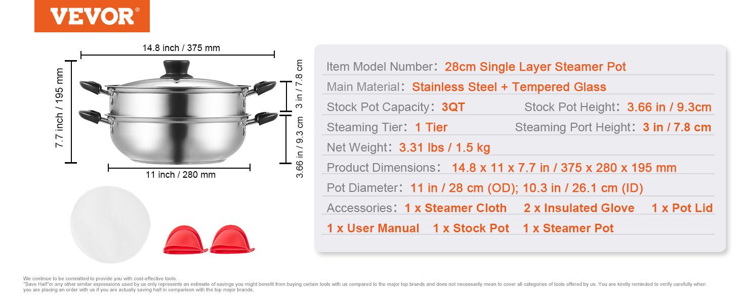 VEVOR 11 in. Steamer Pot for Cooking with 3 qt. Stock Pot and Vegetable Steamer Stainless Steel Food Steamer