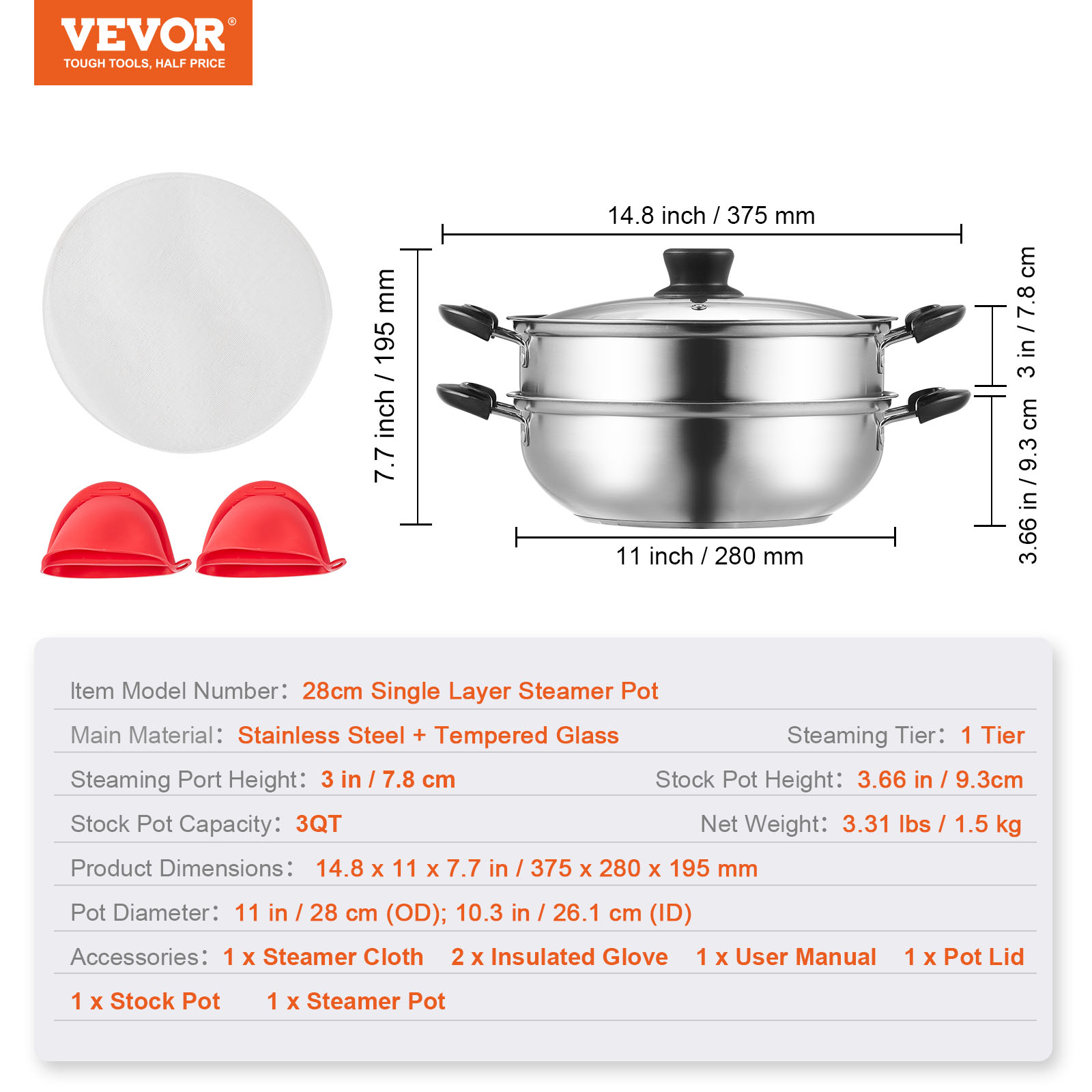 VEVOR Steamer Pot Cooking Pot with 3QT Stock Pot & Vegetable Steamer - Imagen 31 de 46
