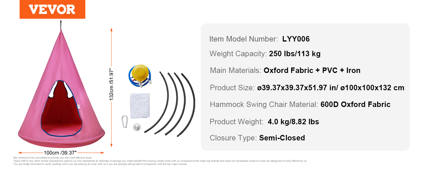 VEVOR akasztóbarlang ø 100 x 132 cm akasztós szék 113 kg teherbírású függőágy 600D Oxford szövetből és acél vázból akasztós ülés függesztő sátor hinta terápiás hinta függő hinta gyerek