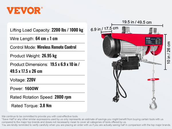 VEVOR Treuil électrique PA300 Palan Télécommande 150/300kg avec Câble de 1,5m  Grue de Levage