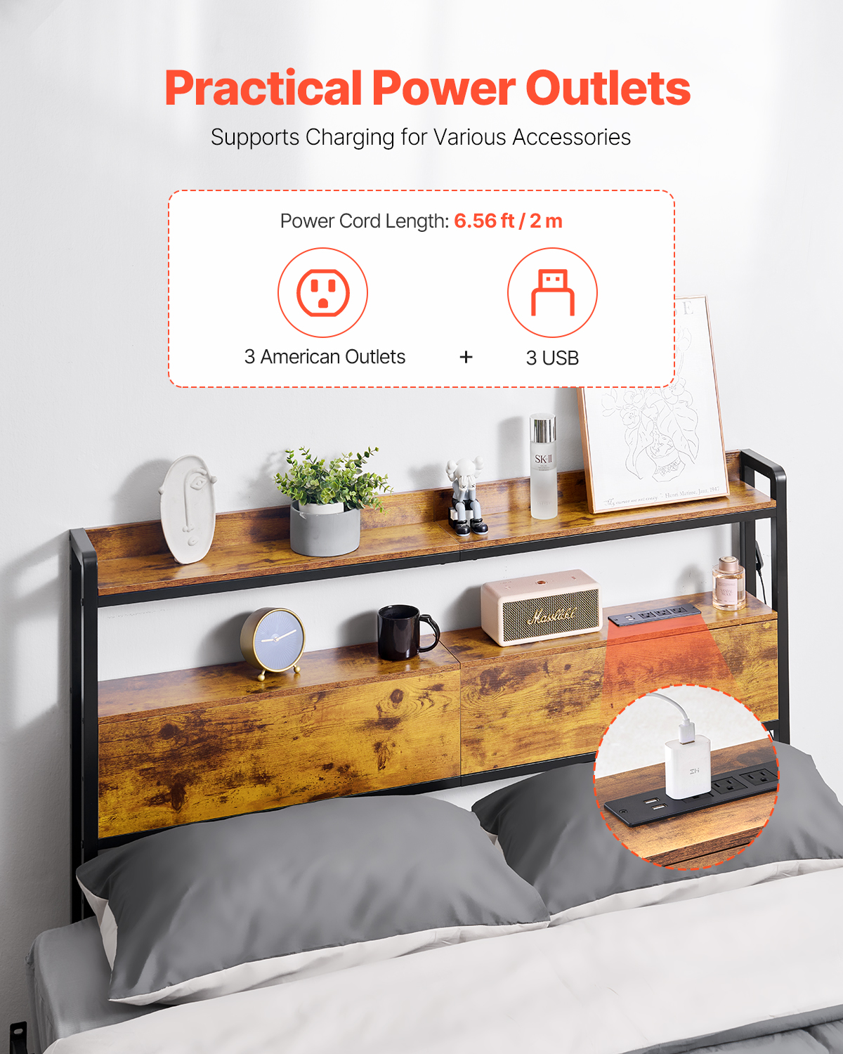 Uimoso Headboard Bed Head Board with 2 Shelves & LED Light - Picture 4 of 50