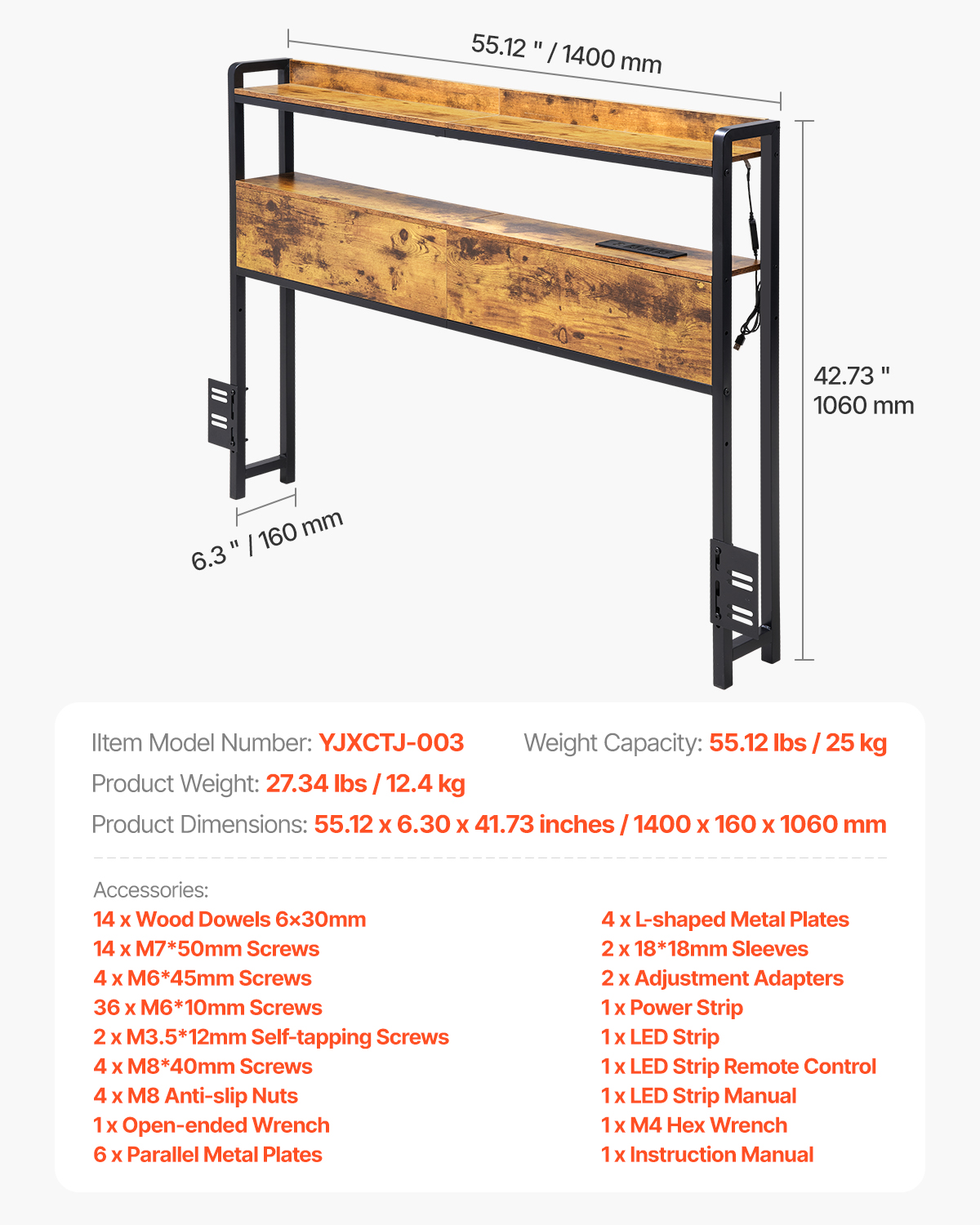 Uimoso Headboard Bed Head Board with 2 Shelves & LED Light - Picture 9 of 50