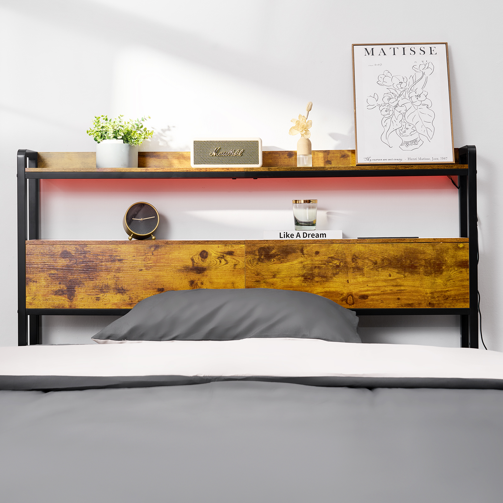 Uimoso Headboard Bed Head Board with 2 Shelves & LED Light - Picture 10 of 50