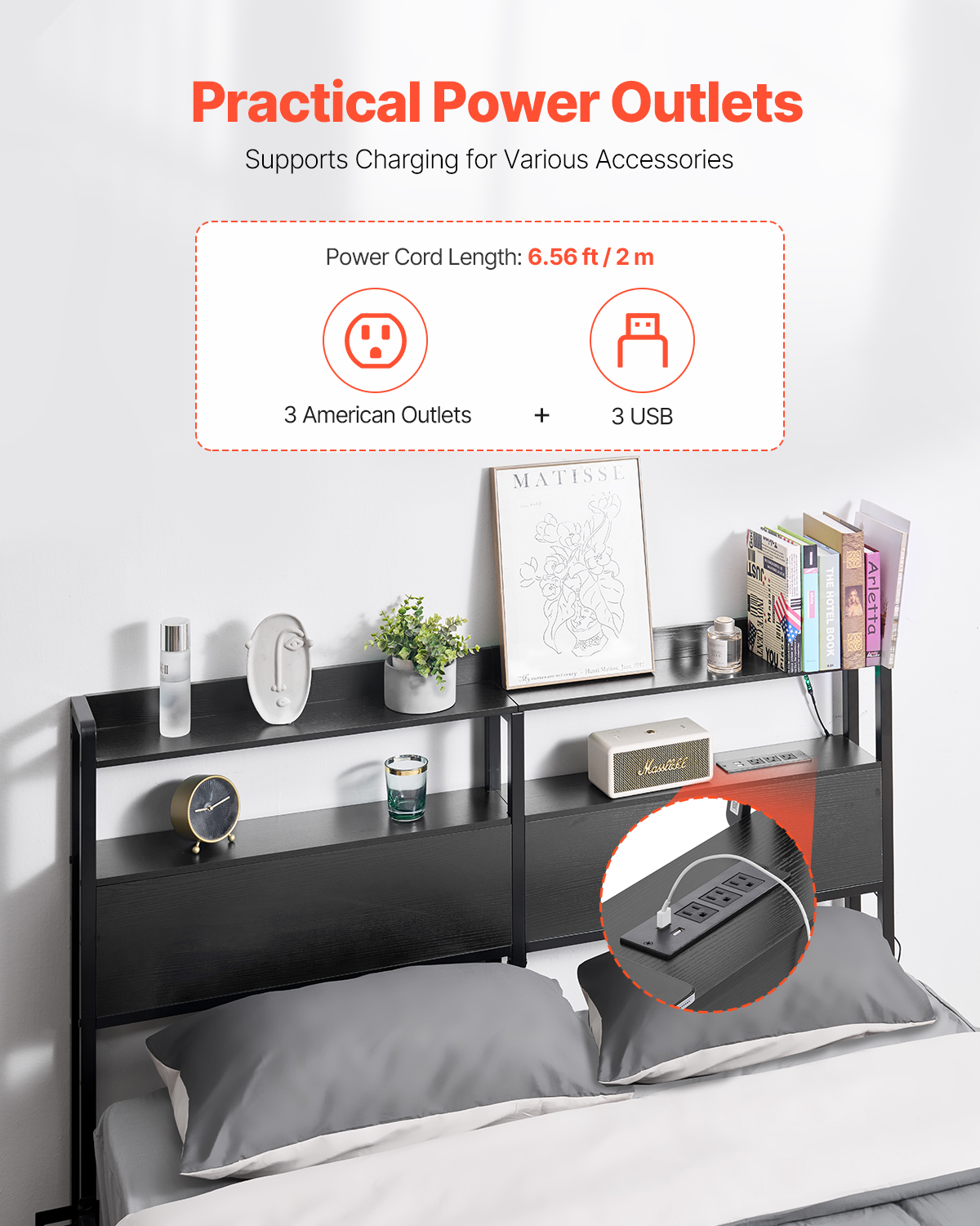 Uimoso Headboard Bed Head Board with 2 Shelves & LED Light - Picture 16 of 50